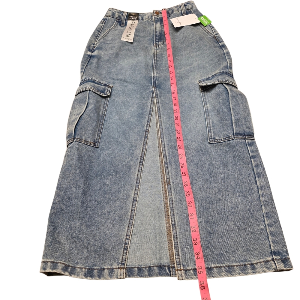 Love Fire Light Blue Denim Split Cargo Maxi Skirt Size 3 - Picture 6 of 10